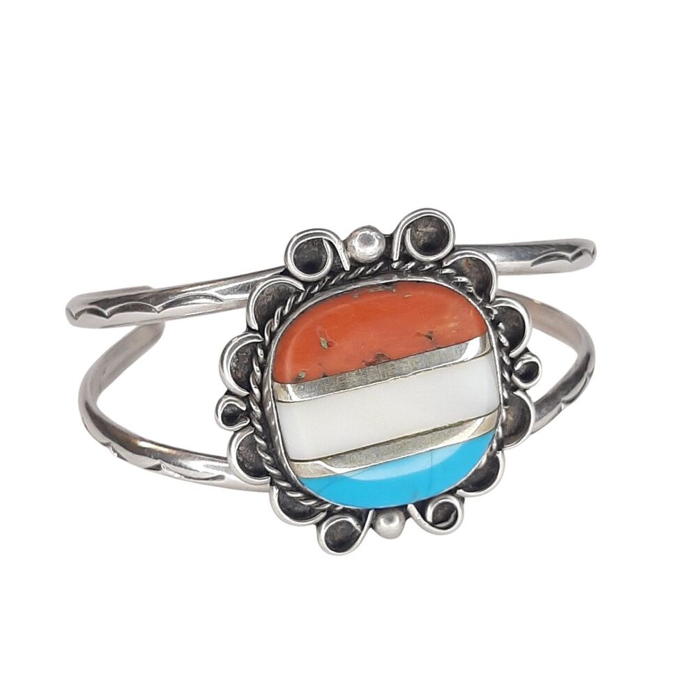 Vintage Navajo Sterling Silver Gemstones Cuff Bracelet Coral, MOP, Turquoise 22g